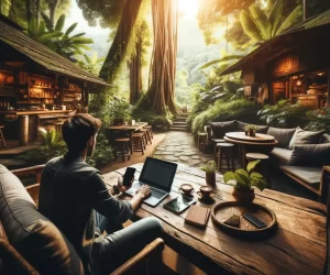 Man working on laptop in tranquil forest cafe.