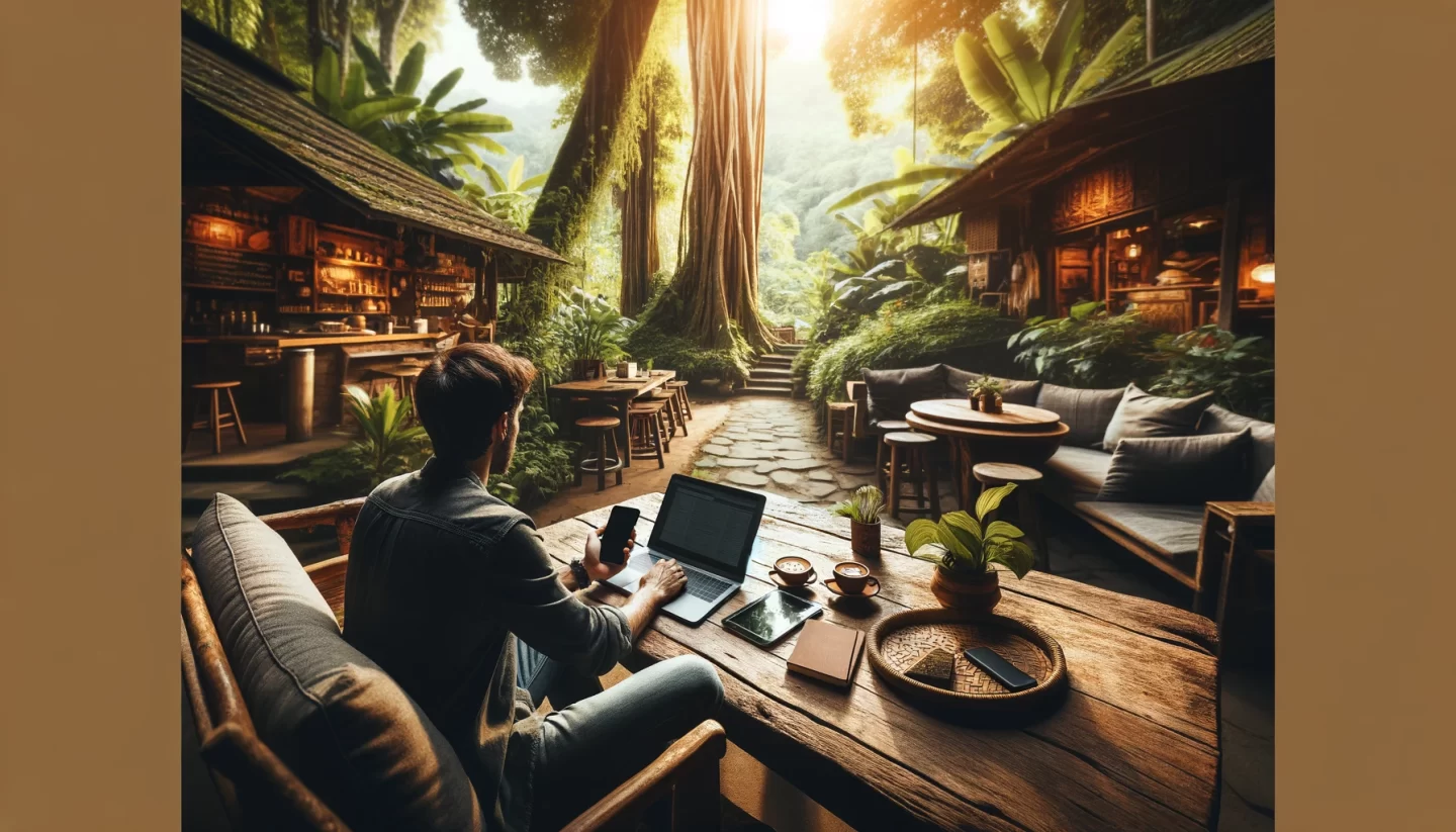 Man working on laptop in tranquil forest cafe.