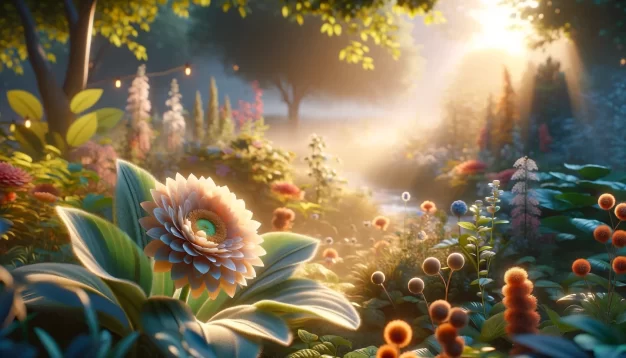 Enchanted garden at sunrise with vibrant flowers.