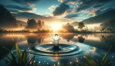 Serene sunrise with water droplet splash on lake.