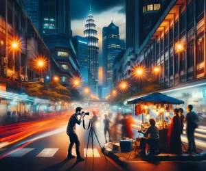 Photographer capturing bustling city street at twilight.