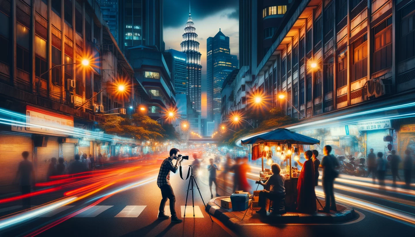 Photographer capturing bustling city street at twilight.