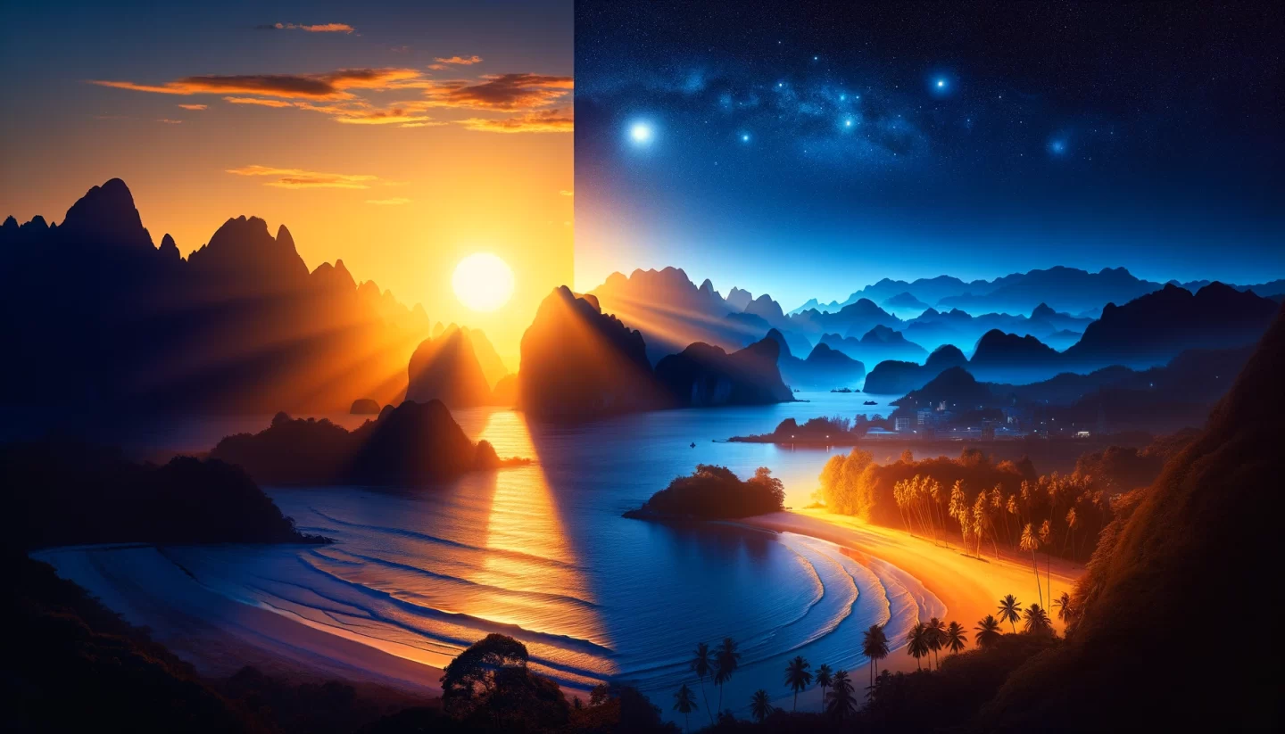 Paysage composite d'un coucher de soleil en montagne et d'une nuit étoilée.