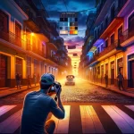 Photographe capturant une rue vibrante au crépuscule.