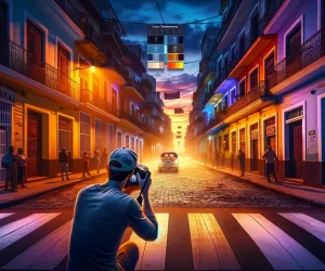 Photographer capturing vibrant street at twilight.