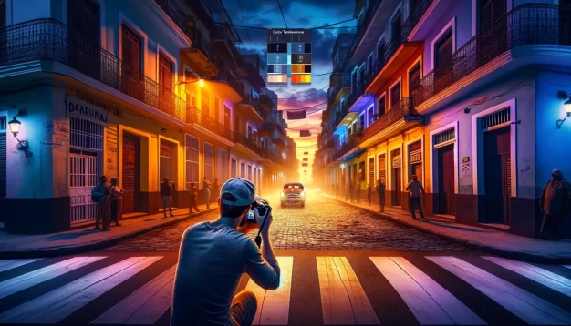 Photographe capturant une rue vibrante au crépuscule.
