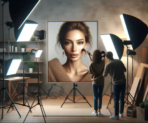 Photographer shooting portrait in professional studio setup.