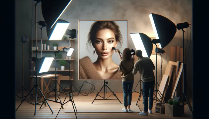 Photographer shooting portrait in professional studio setup.