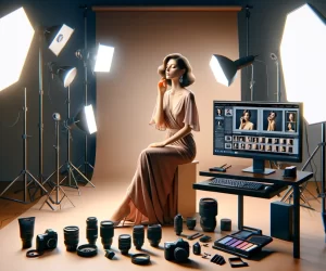 Model posing in professional photography studio setup.