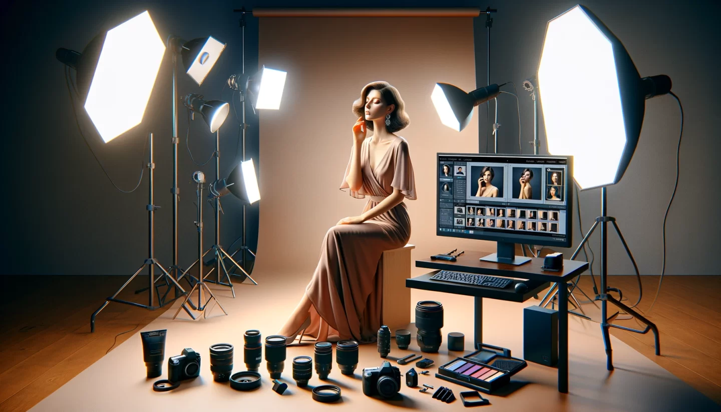 Model posing in professional photography studio setup.