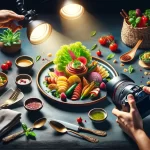 Photographing colorful gourmet food arrangement with artistic lighting.