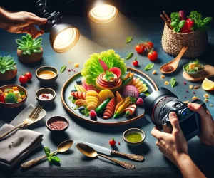 Photographing colorful gourmet food arrangement with artistic lighting.