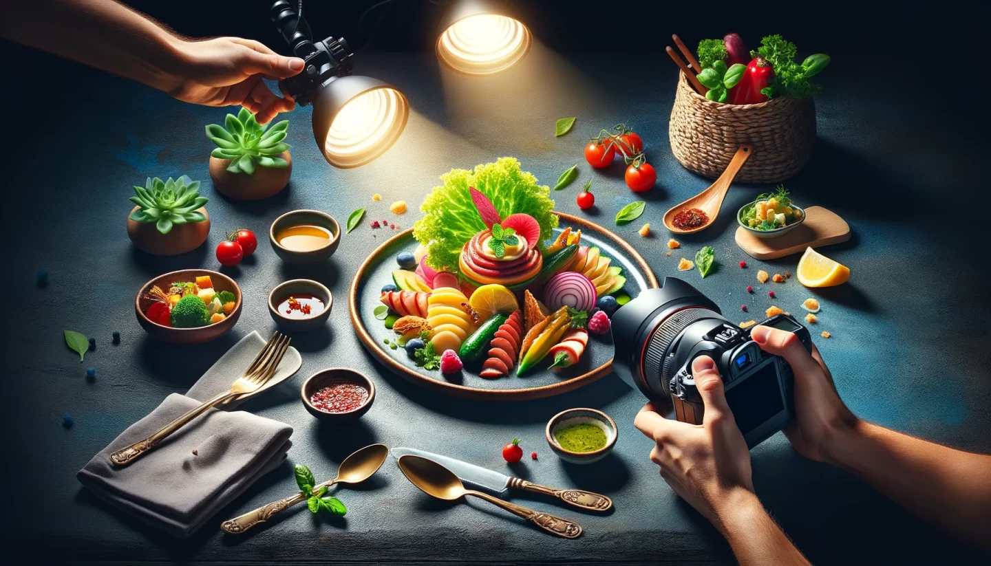 Photographing colorful gourmet food arrangement with artistic lighting.