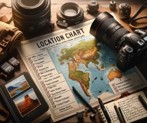 Photography equipment and map for travel planning.