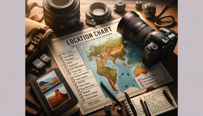 Photography equipment and map for travel planning.