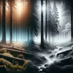Scène de forêt brumeuse avec lumière du soleil et ruisseau.