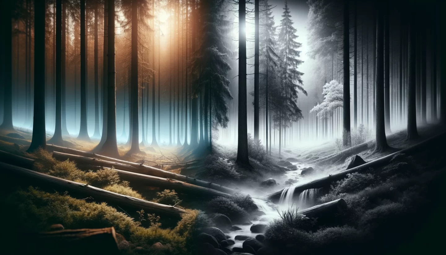 Misty forest scene with sunlight and flowing stream.