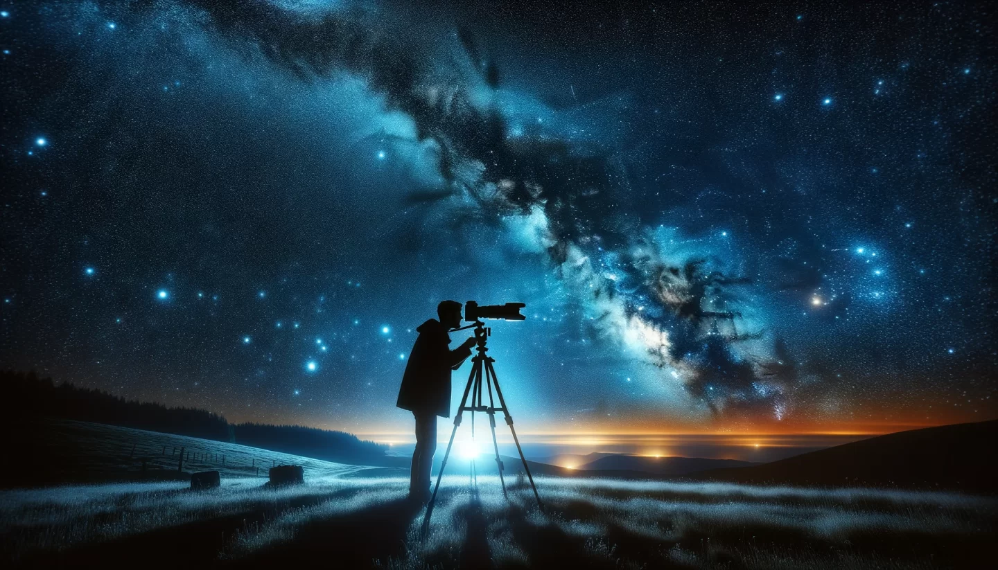 Astronomer using telescope under starry night sky