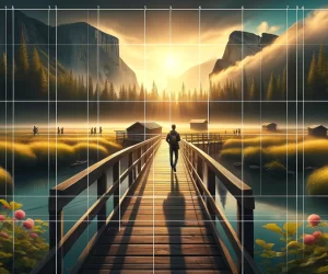 Man walks on bridge in surreal mountainous landscape.