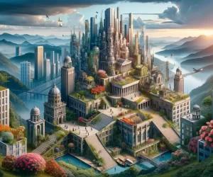 Paysage urbain futuriste avec montagnes, lever de soleil et verdure luxuriante.