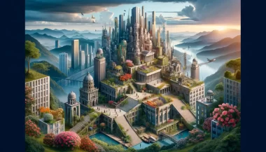 Futuristic cityscape with mountains, sunrise, and lush greenery.