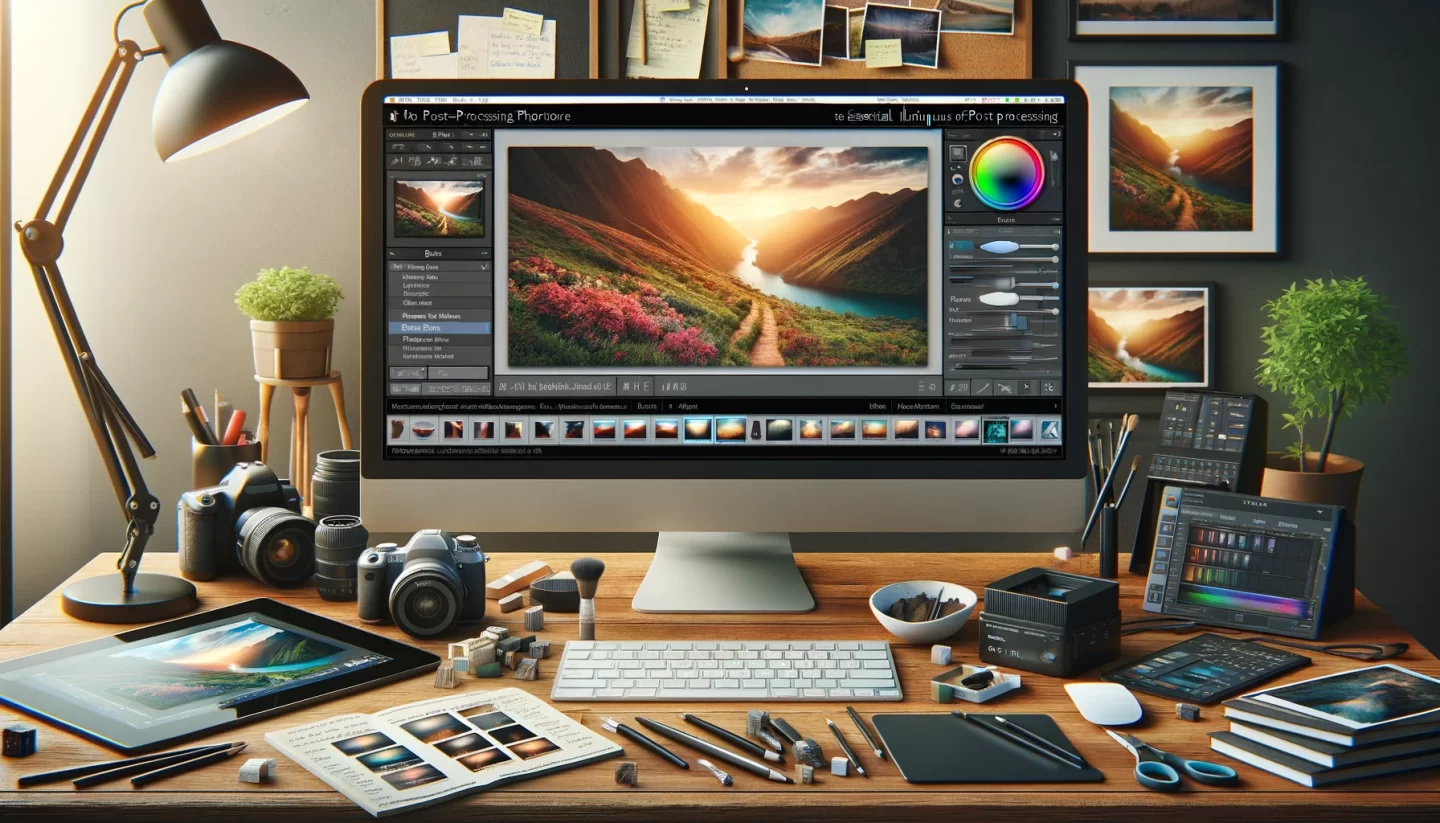 Photographer's desk with editing software on computer screen.