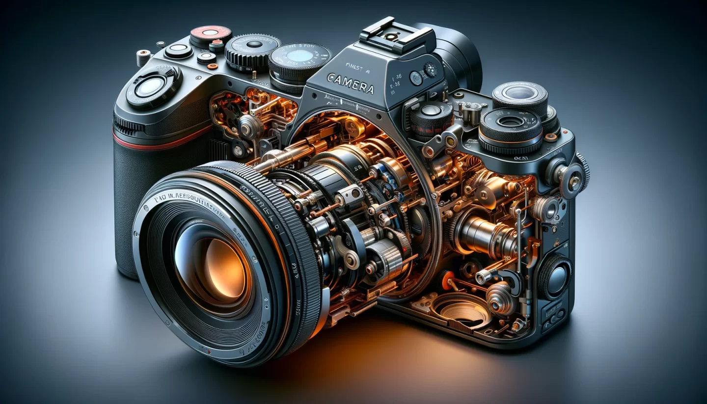 Illustration détaillée de la mécanique de l'appareil photo.