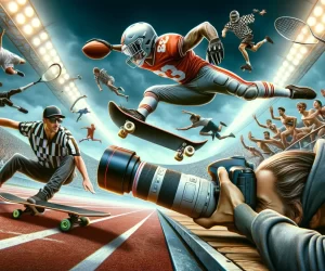 Dynamic sports montage with athletes, photographer, and action.