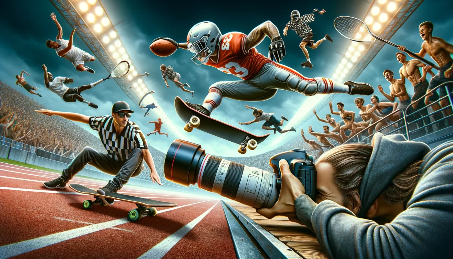 Dynamic sports montage with athletes, photographer, and action.