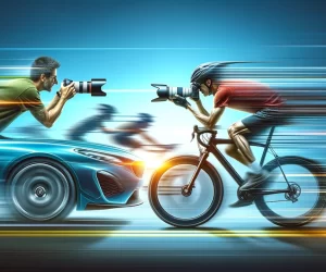 Photographe en voiture photographiant un cycliste en mouvement