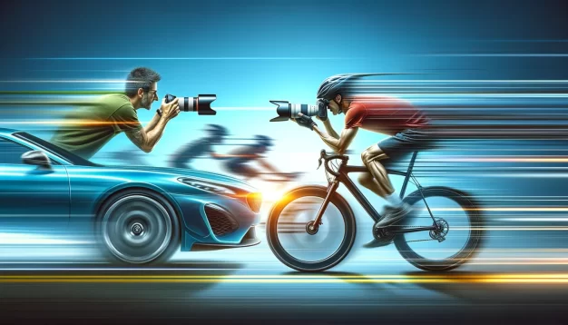 Photographer in car shooting cyclist in motion