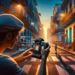 Man with camera adjusting settings in vibrant city street.