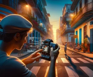 Man with camera adjusting settings in vibrant city street.