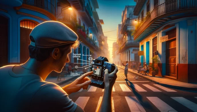 Man with camera adjusting settings in vibrant city street.