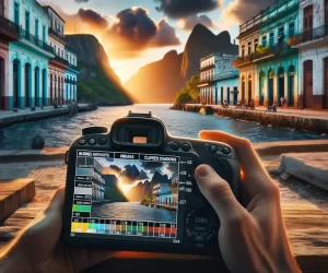 Camera capturing sunset over a picturesque waterfront street.