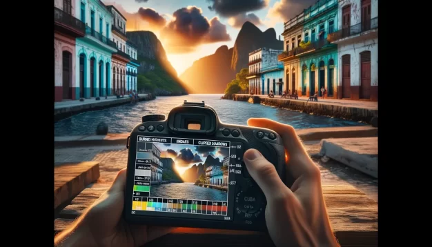 Camera capturing sunset over a picturesque waterfront street.