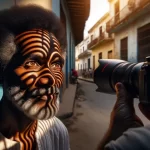 Photographer capturing painted face man in cultural street.