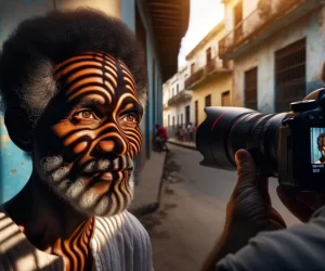 Photographer capturing painted face man in cultural street.