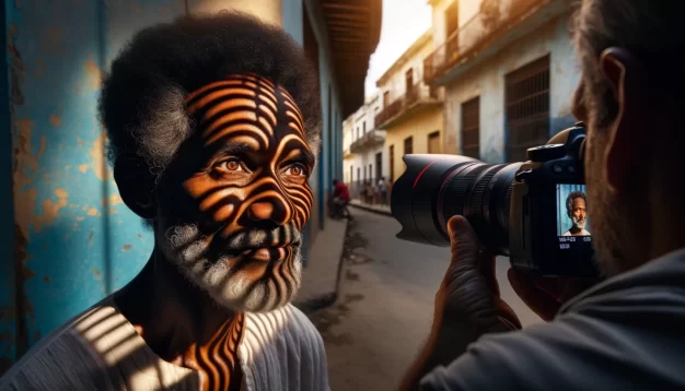 Photographer capturing painted face man in cultural street.