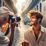 Photographer capturing young man's portrait in sunny street.