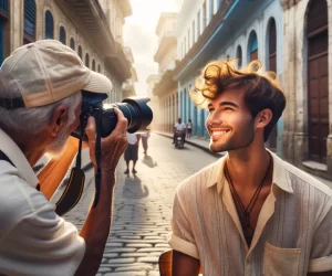 Photographer capturing young man's portrait in sunny street.