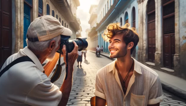 Photographer capturing young man's portrait in sunny street.