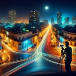 Photographer capturing city night lights and traffic trails.