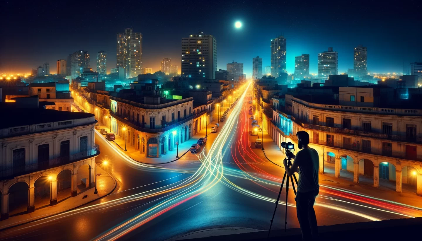 Photographe capturant les lumières nocturnes de la ville et les traces de trafic.