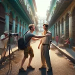Photographe interagissant avec un habitant d'une rue historique éclairée par le soleil.