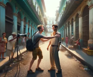 Photographer interacting with local in sunlit historical street.