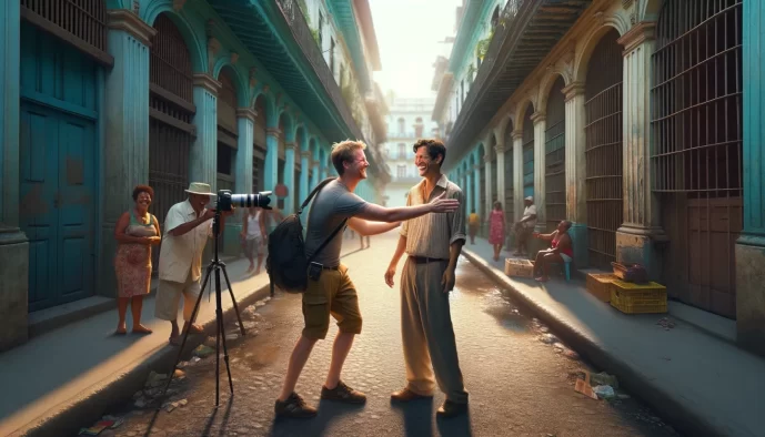 Photographer interacting with local in sunlit historical street.