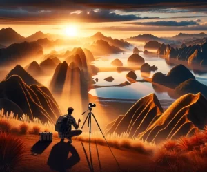 Photographer capturing sunrise over scenic mountainous landscape.