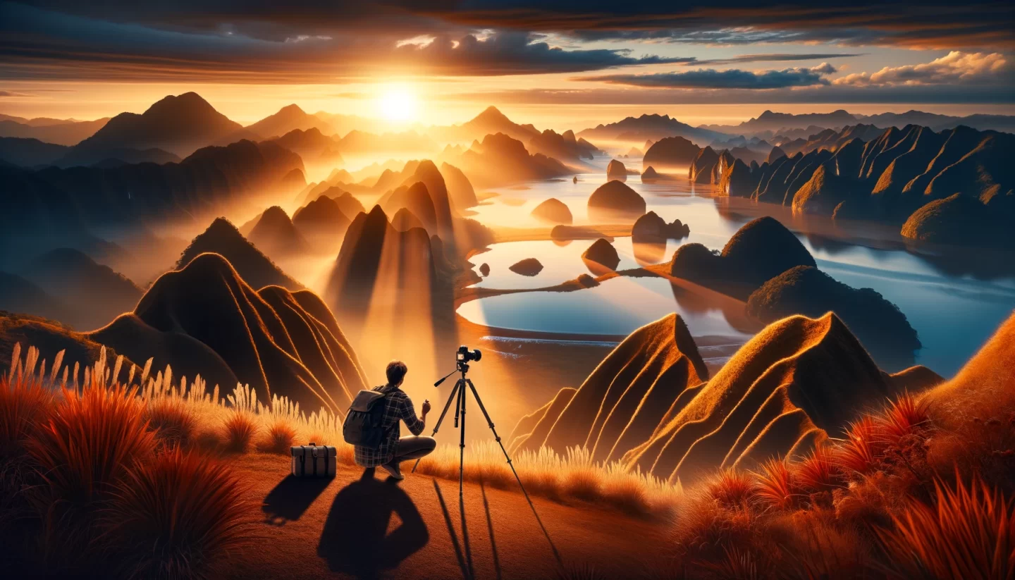 Photographer capturing sunrise over scenic mountainous landscape.