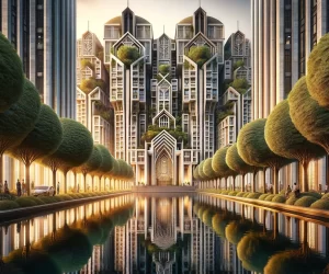 Paysage urbain futuriste avec voie d'eau réfléchissante et architecture verte.